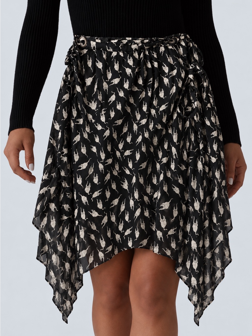 Aryeh Cat Print Cotton Whimsical Handkerchief Asymmetric Midi Skirt Pockets, L